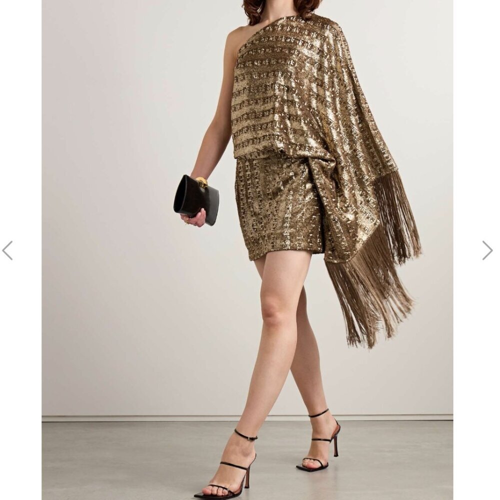 Gold One-Shoulder Sequin Fringe Mini Dress
